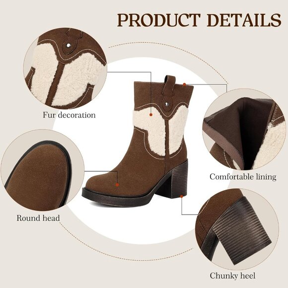 ⚡Women's Coffee Platform Boots Suede Winter Ankle Booties Round Toe Short Zip - Picture 4 of 6